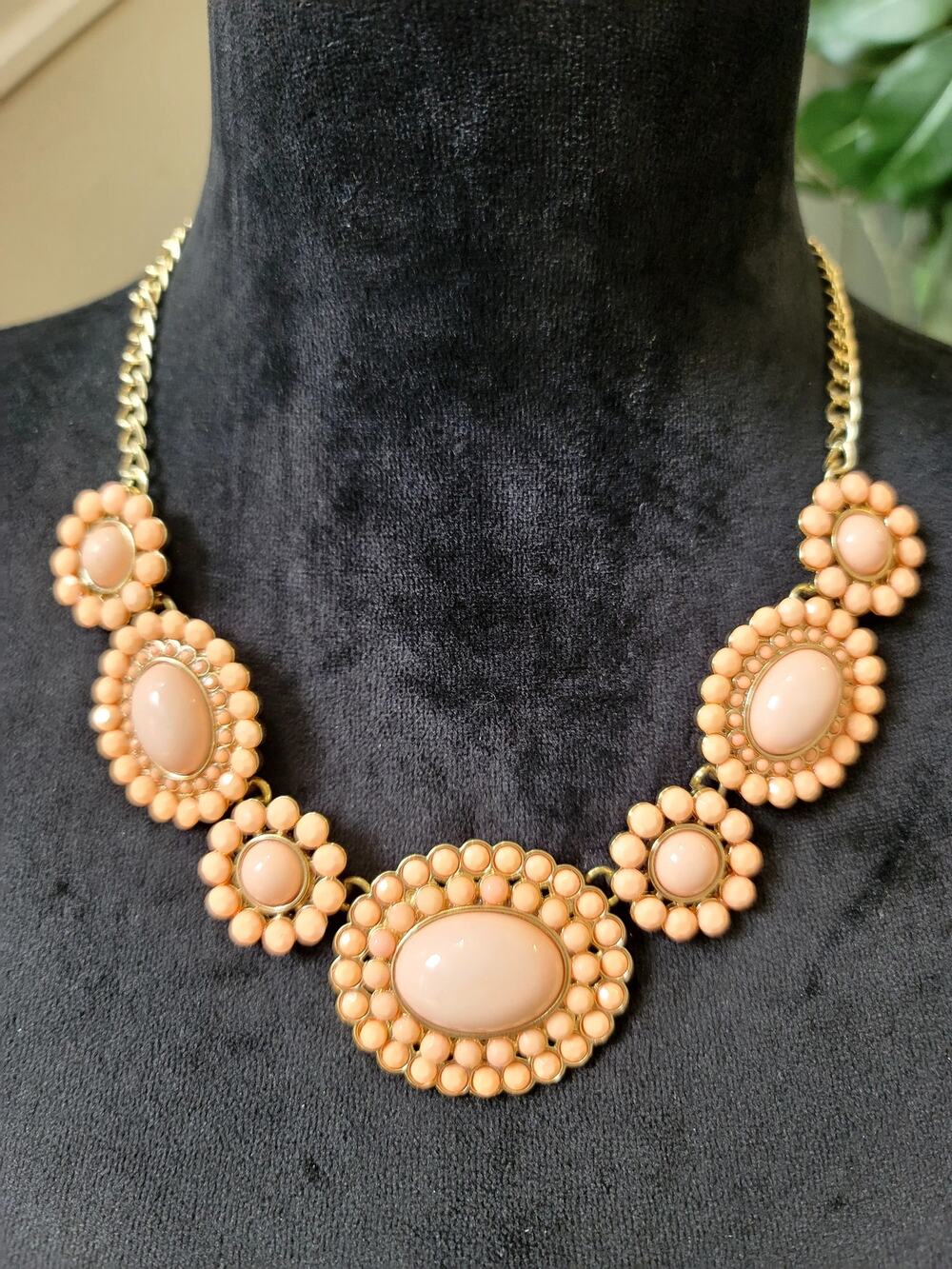 Peach Blush Beaded Cabochon Statement Necklace Gold Tone